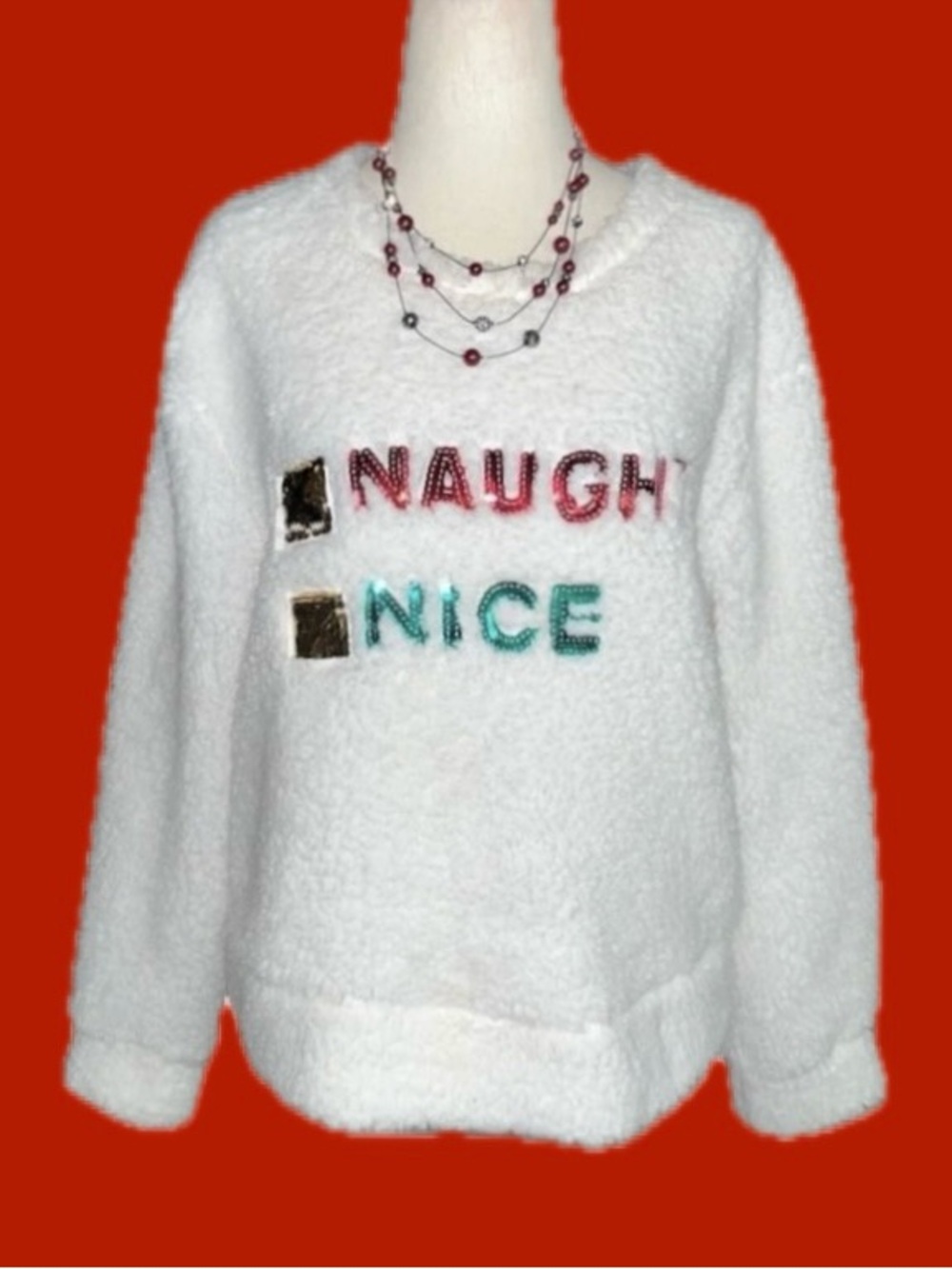WFX • White • Fluffy • Christmas • Large • Naughty & Nice • Sequins • Sweater